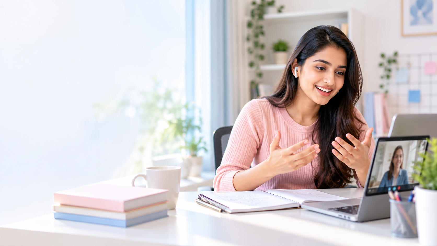 Student practising English in an online conversation